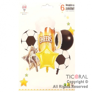 SET DE GLOBOS METALIZADO CERVEZA CHEERS CON PELOTA FUTBOL 6 UNIDADES X 1